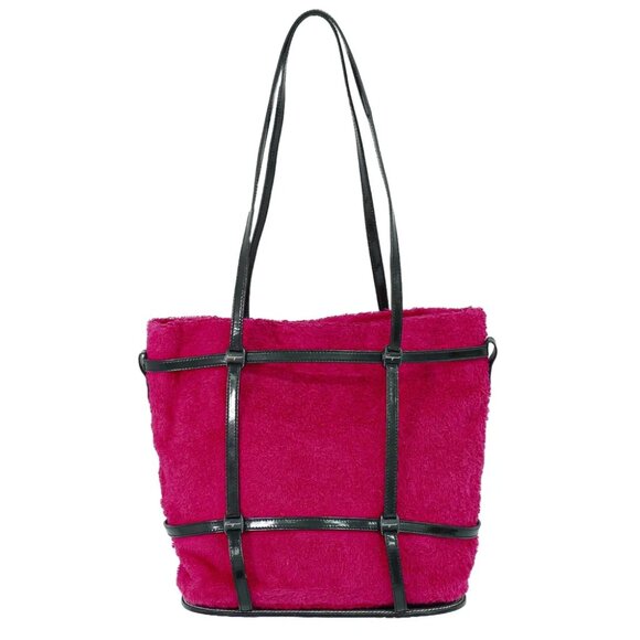 Salvatore Ferragamo Pile Fabric Leather Shoulder Tote Bag Pink Black - Picture 1 of 10
